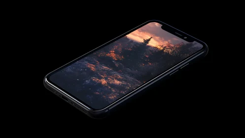 Photorealistic smartphone render with cinematic landscape display.