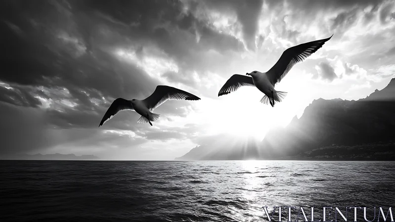 Monochrome seabirds intersecting backlit marine horizon.