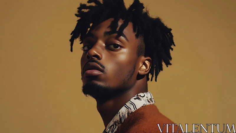 Stylish portrait profile against muted ochre backdrop.