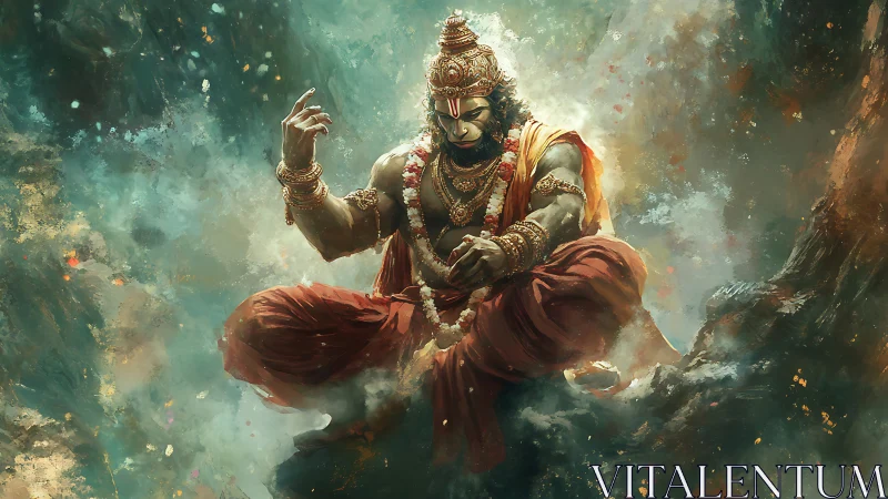 Divine warrior in meditative levitation amid swirling mists.