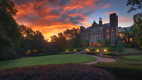 Sunset sky ignites above historic campus building facade.