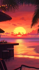Golden beach sunset pours warm light over a tranquil bar