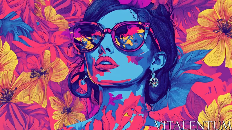 Neon-tinted vector portrait integrates floral linework and mirrored lenses
