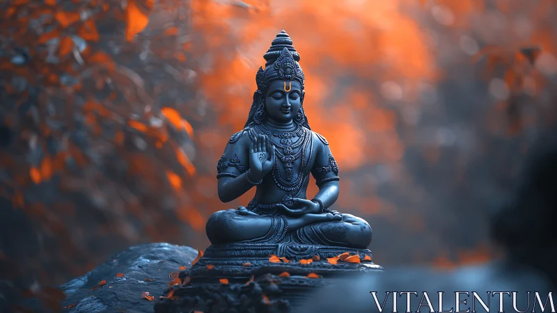 Serene Hindu deity statue amid cool blue, warm orange bokeh.