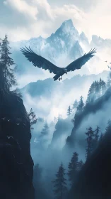 Majestic eagle soars above misty mountain canyon at dawn.
