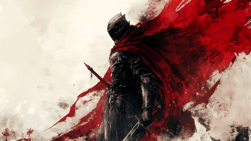 Armored warrior stands with red cloak exploding into abstract