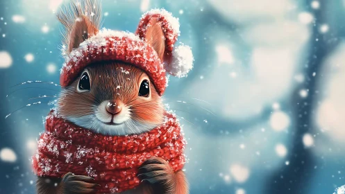 Red scarf winter squirrel portrait with falling snow bokeh.