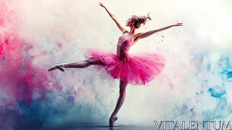 Dynamic ballet dancer in pink tutu amid abstract color cloud
