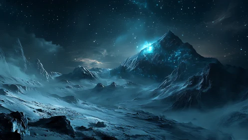 Glowing icy mountain under starry alien night sky.