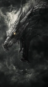 Obsidian dragon head emerges from volumetric storm clouds