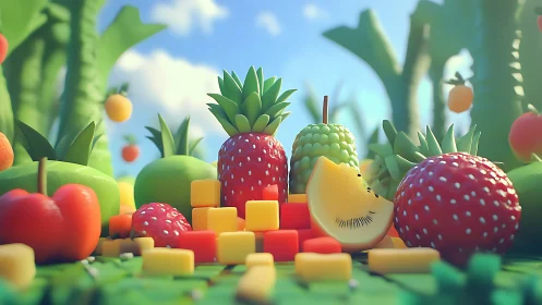 Playful tropical fruit landscape in vibrant 3D render.