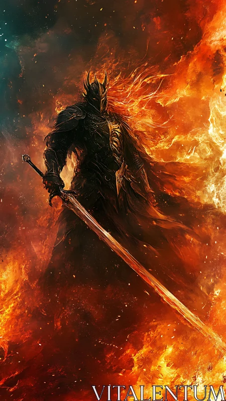 Armored flame warlord emerges from inferno with blazing sword