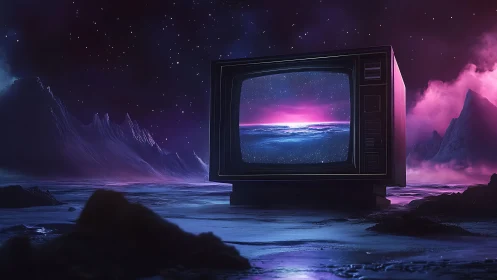Retro CRT monitor displays cosmic ocean within neon alien tundra