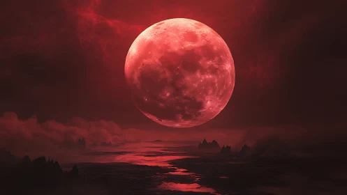 Large red moon illuminates a dark, fog-covered seascape