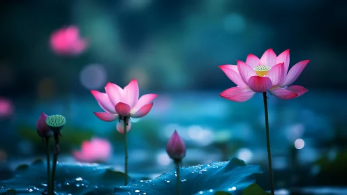Lotus blossoms rise in dreamy blue twilight pond scene.