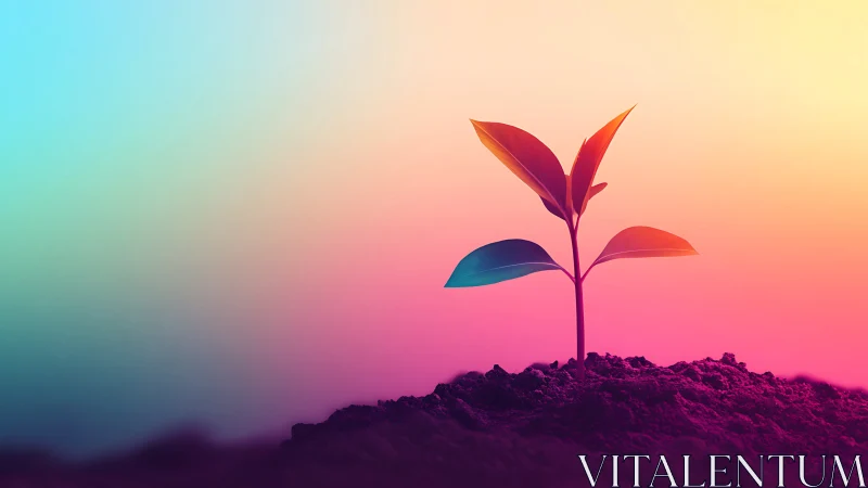 Young plant sprout in soil with vibrant, colorful gradient background.