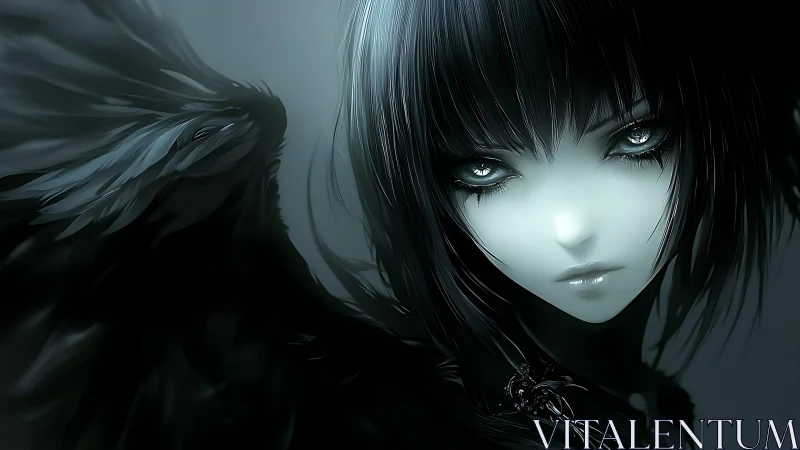 Dark angel portrait shows luminous eyes over shadowed wings
