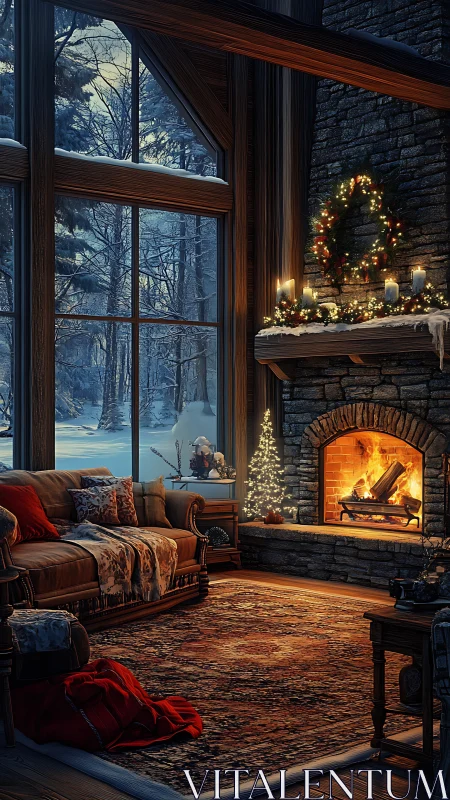 Snowlit cabin lounge wrapped in ember-bright holiday warmth.