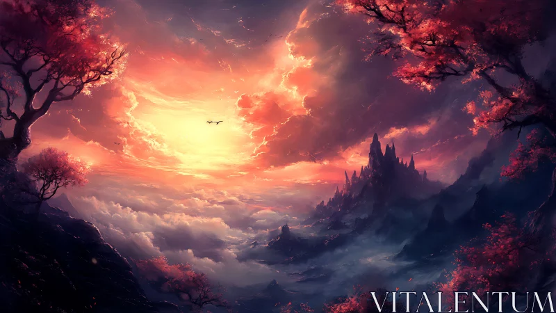 Fantasy mountain citadel under vivid sunset sky.