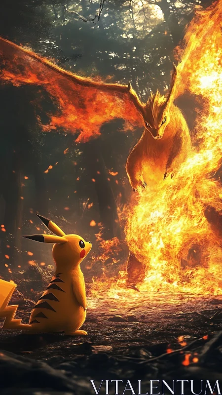 Pikachu confronts mythical fire beast amid inferno.