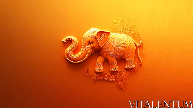 Ornate 3D elephant relief glows on radiant orange gradient
