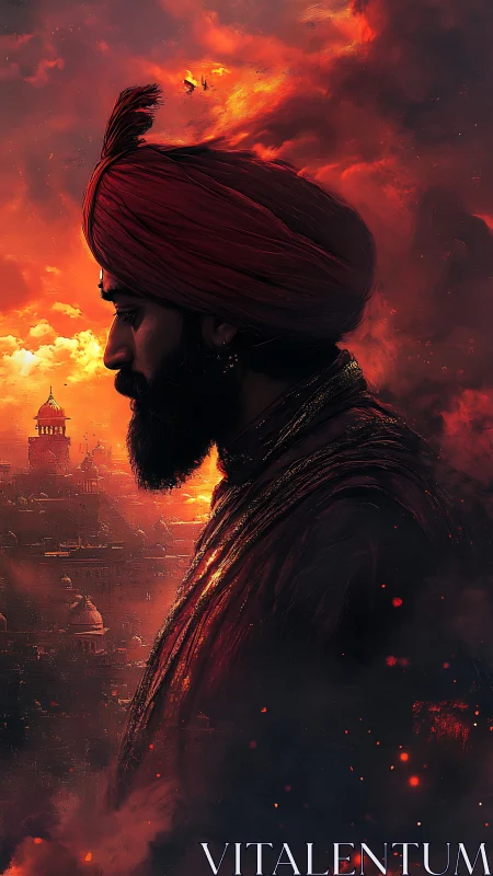 Profile view of turbaned figure against burning skyline.