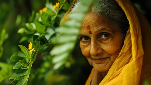 Elderly Indian Woman Smiling in Nature, Vibrant Portrait Style.