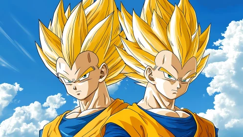 Twin golden-haired anime warriors in blue sky portrait