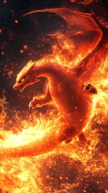 Photorealistic fire dragon in mid-flight with erupting flames