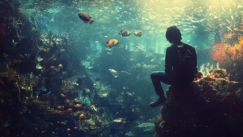 Underwater observer on reef ledge in luminous digital painting.