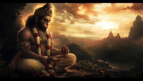 Monkey-headed figure sits in ornate attire at sunset landscape