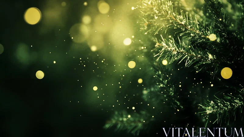 Evergreen branches glow under soft golden holiday lights