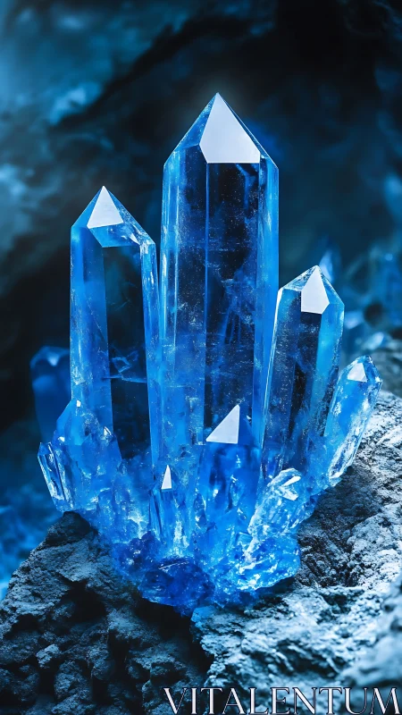 Luminescent blue crystal cluster with faceted prismatic towers.