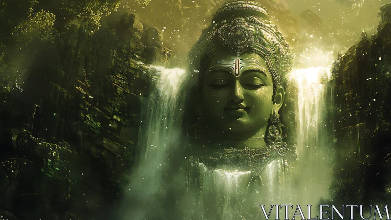 Colossal verdant deity head emerging through misted falls.