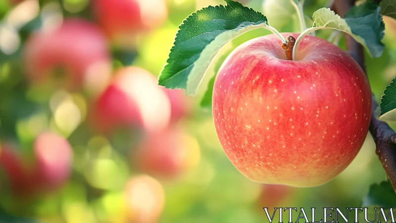 Ripe red apple hanging on tree branch in soft orchard light.