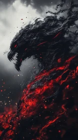 Shadowfire dragon erupts through stormlit volcanic smoke.