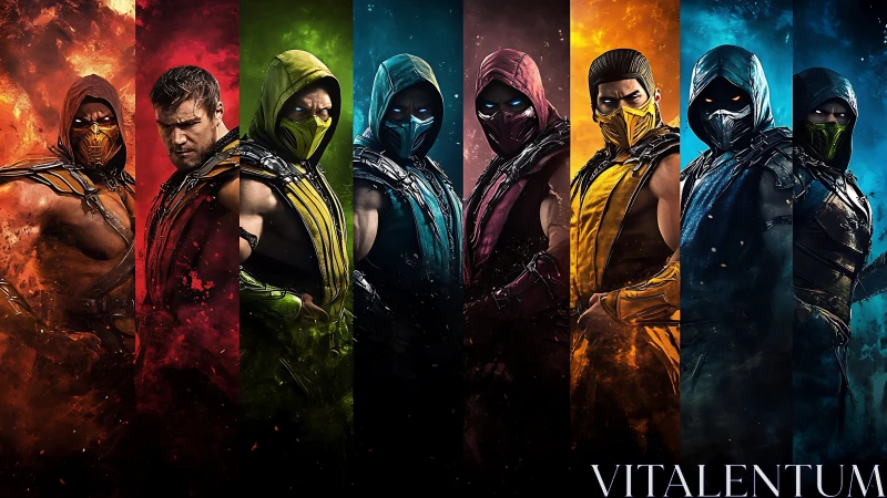 Masked warriors in segmented fiery and icy portraits.