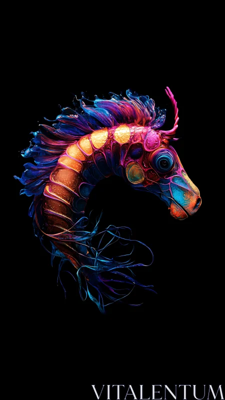 Neon biomechanical seahorse in luminous digital painting.