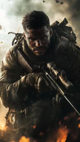 Battle-hardened tactical marksman in kinetic combat duststorm.