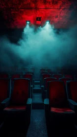 Haunted cinema aisle under neon fog and watchful projector.