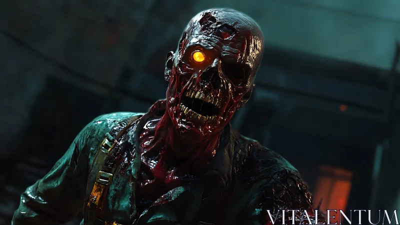 Detailed 3D render of decayed humanoid with glowing eye.