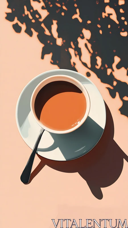 Coffee cup casts bold geometric shadow on salmon table.