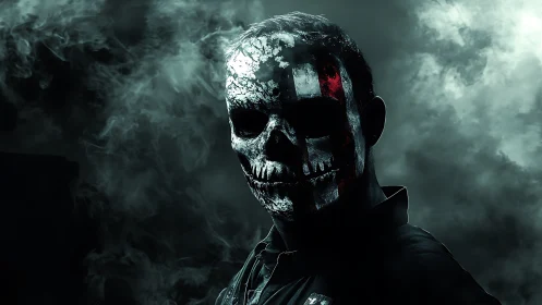 Skull-painted soldier in smoky moody dramatic portrait.