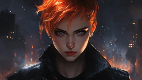 Portrait shows red-haired figure against burning city backdrop
