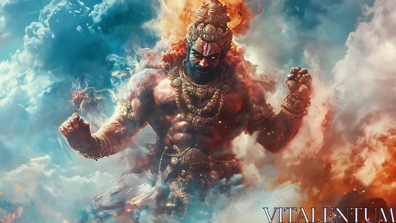 Mythic armored deity amid swirling clouds and fire.