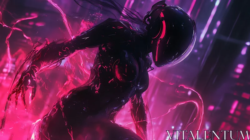 Neon cyber runner emerging in glowing magenta streams.