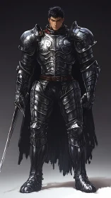 Armored swordsman in reflective plate with black war cloak.