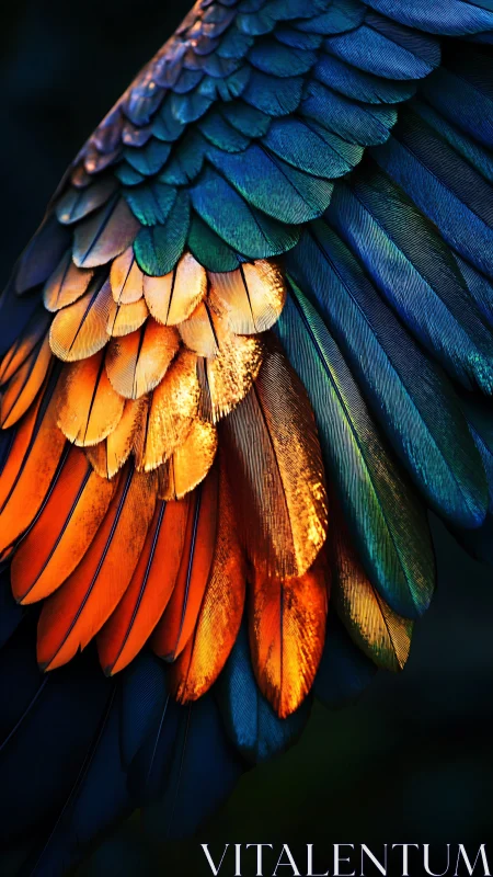 Iridescent parrot wing glows with layered rainbow feathers.