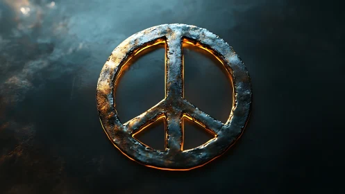 Burnished metal peace symbol over moody dark surface.