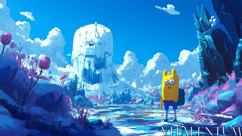 Cartoon figure observes icy plateau within stylized valley